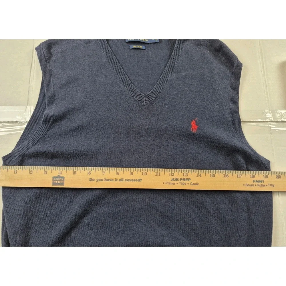 Polo Ralph Lauren Men's Large Pima Cotton V-Neck Sweater Vest Navy Blue Red Logo